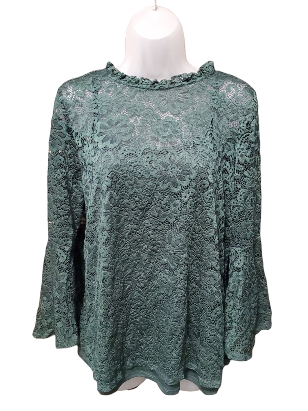 Signature Studio Lace Long-Sleeve Ruffle Neck Top - Green